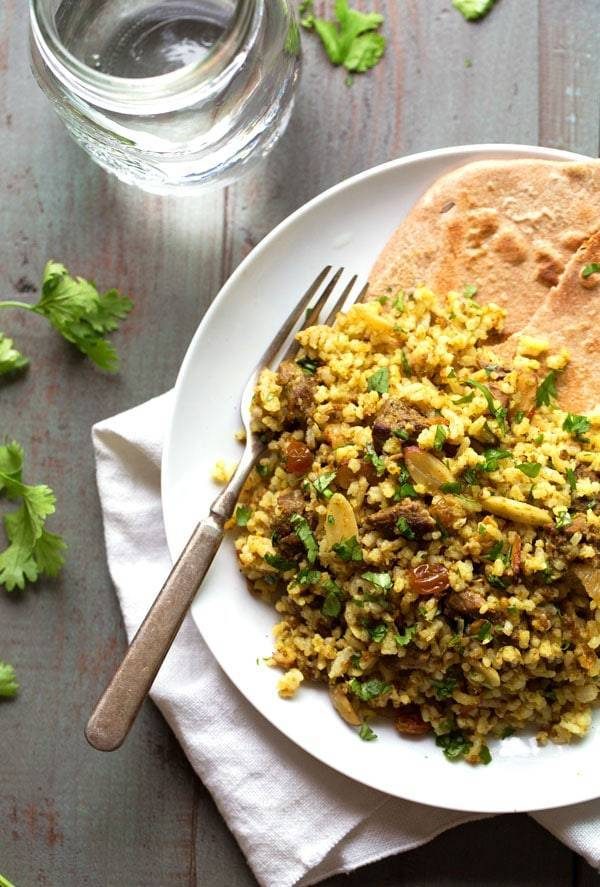 Beef Biryani on a plate with a fork.