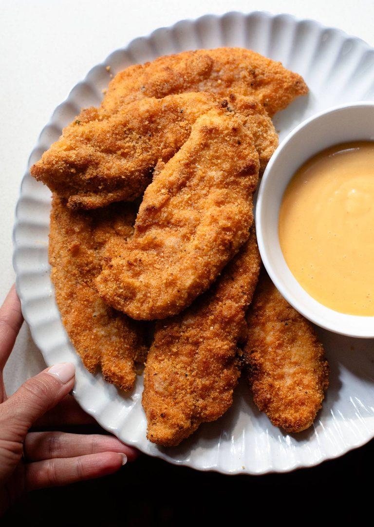 Chicken tenders with gochujang sauce.