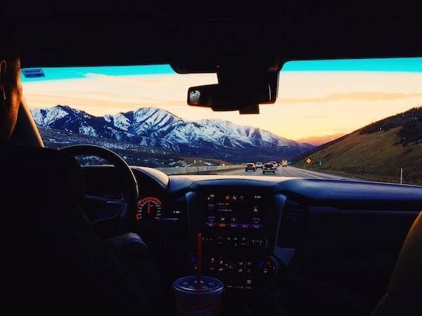 Mountain view out of a car window.