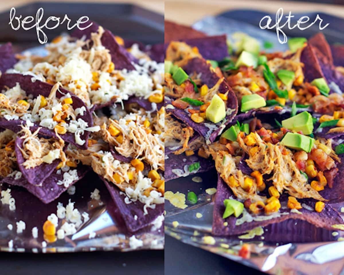 Crab avocado nacho photos side-by-side.