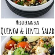 Quinoa lentil salad in a black and white bowl.