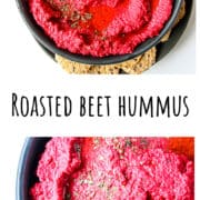 Roasted beet hummus in a black bowl.
