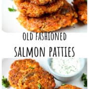 Salmon patties on a white plate.