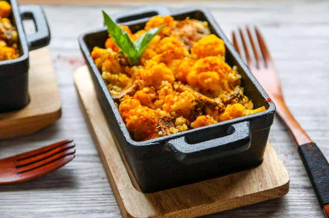 A pan of food on table