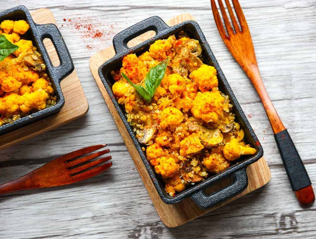 A casserole in a dish on a wooden table