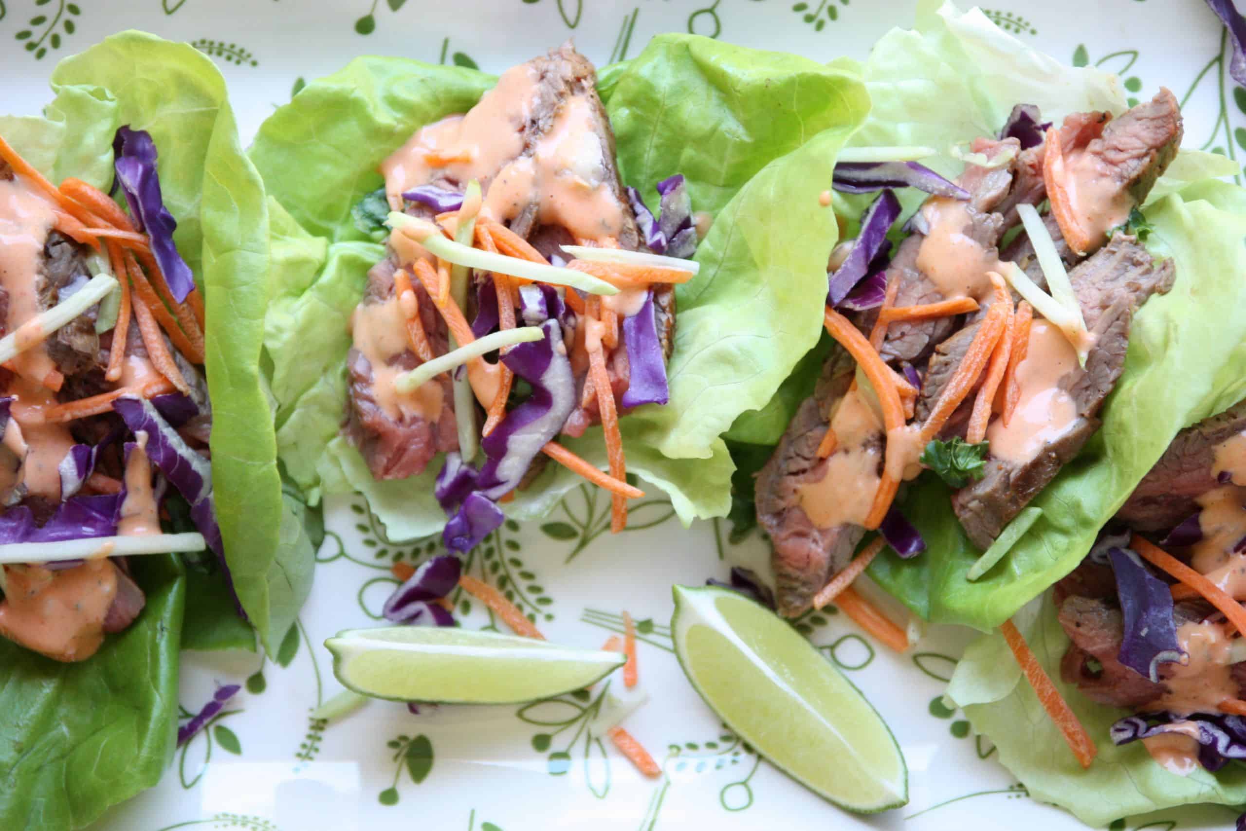 A lettuce wrap with Flank steak
