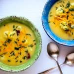 A bowl of soup on a blue plate