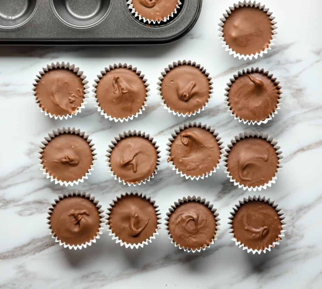 Chocolate peanut butter cups on a countertop