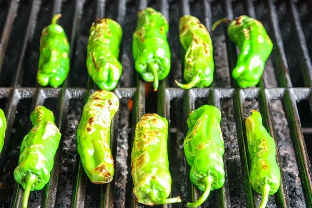Shishito peppers on the grill, starting to blister