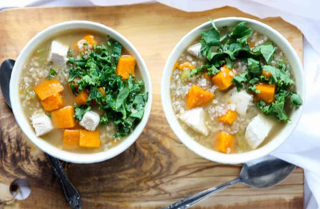 A bowl of buckwheat soup on a table
