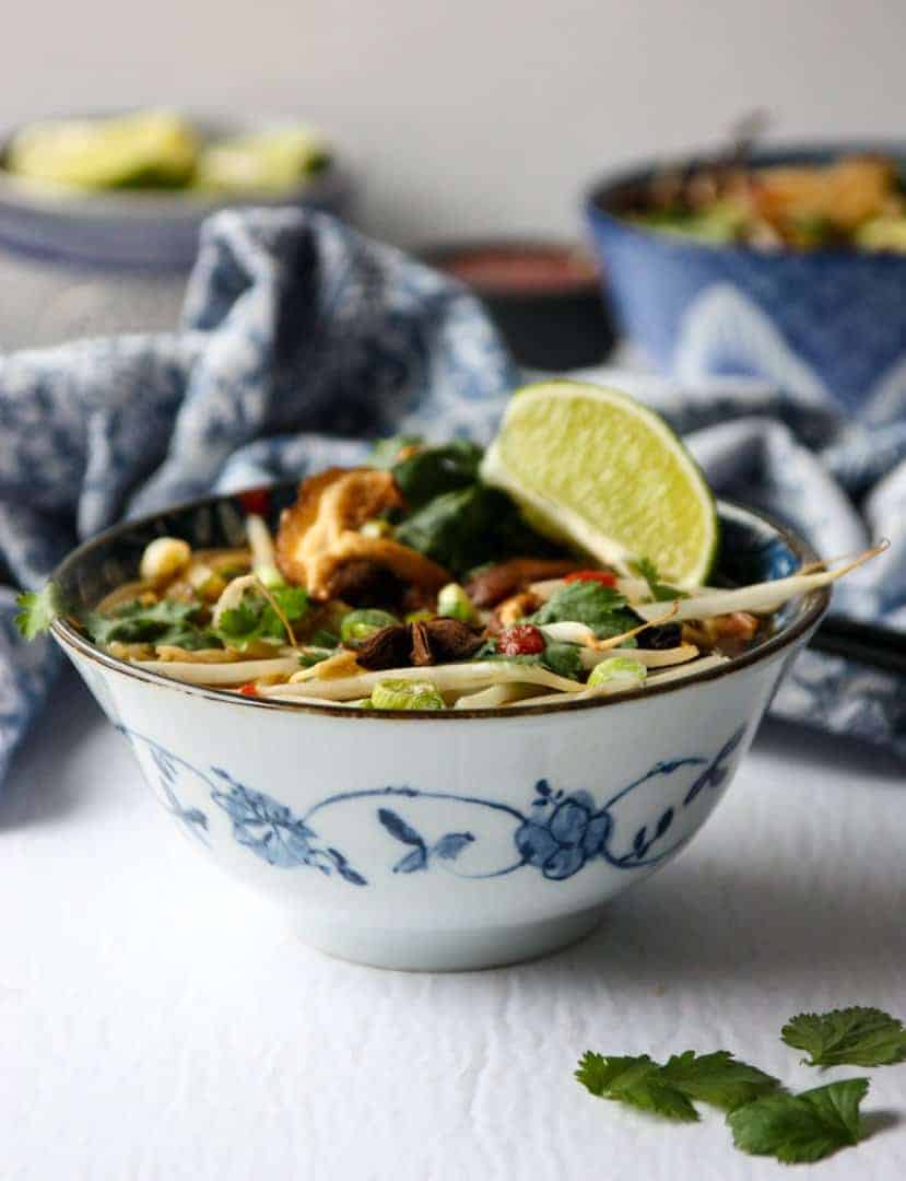 side shot of Vietnamese soup in bowl with lemon wedge