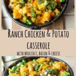 Two images of cheese, broccoli, and potato casserole in black skillet with text overlay.