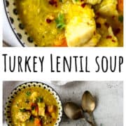 A close shot of a bowl of turkey lentil soup.