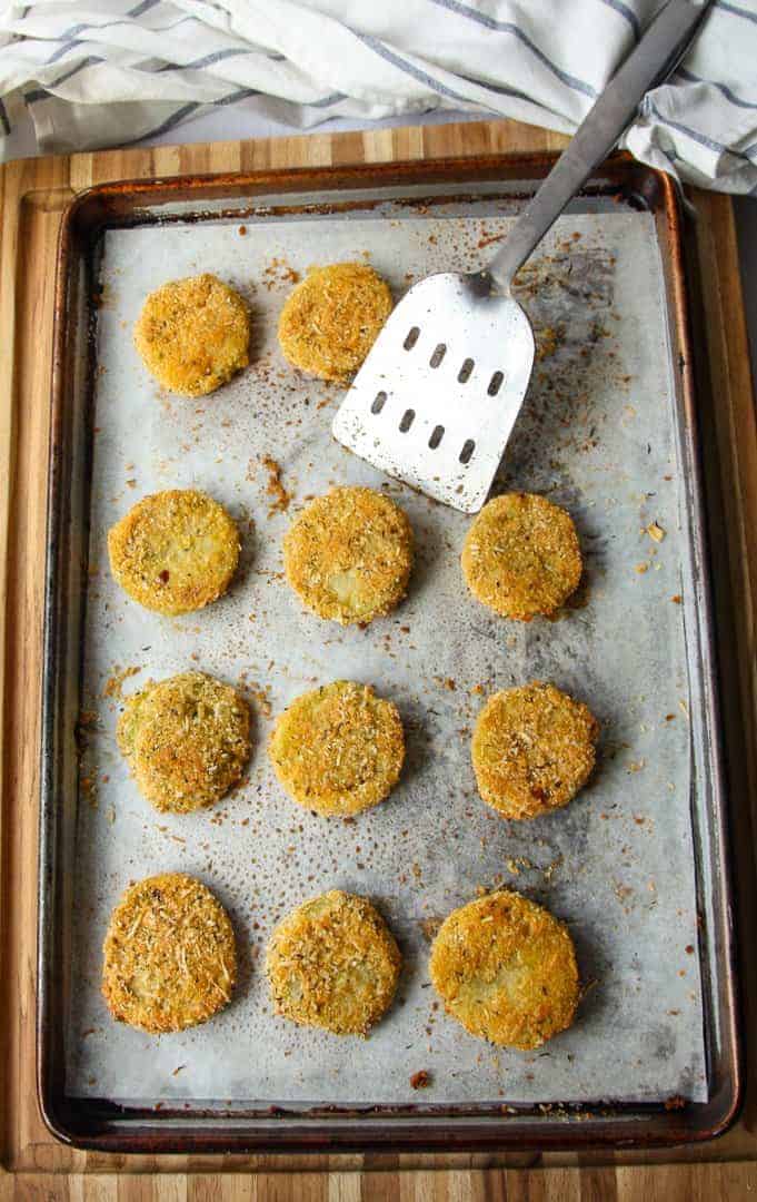 Oven Fried Green Tomatoes on a baking sheet