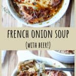 Soup in a white bowl on a wooden cutting board.