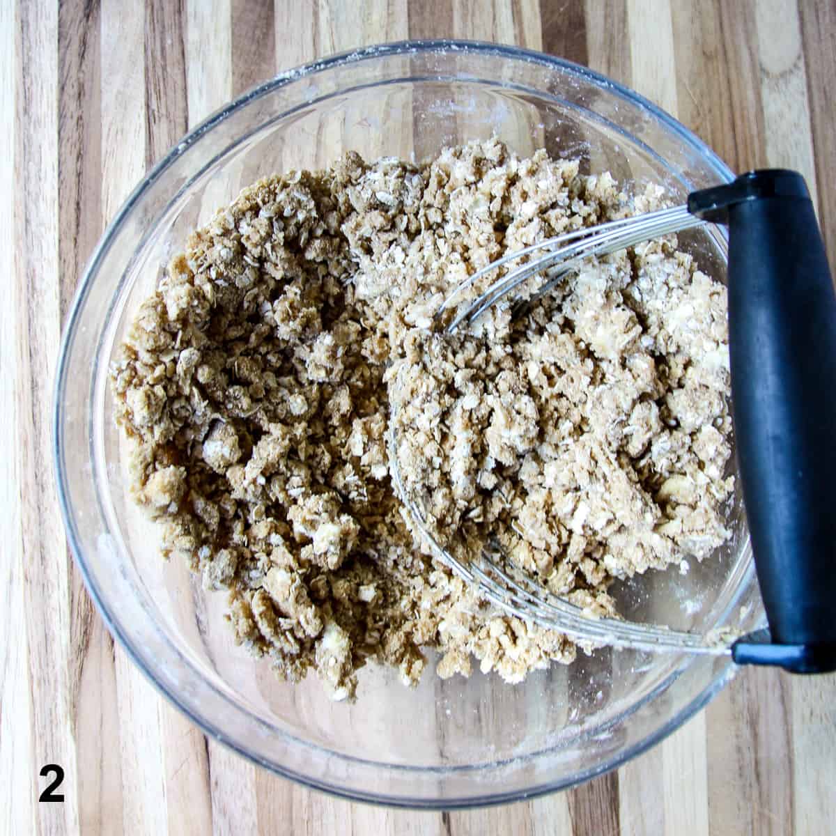 Cutting the butter into the dry ingredients using a pastry blender.