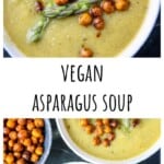 Soup in a white bowl garnished with roasted chickpeas.