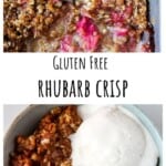A dish of gluten-free rhubarb crisp topped with a scoop of vanilla ice cream.