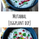 A pita bread triangle being dipped in eggplant dip.