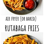 Rutabaga fries on a black plate