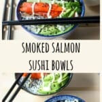Two salmon sushi bowls with chopsticks.
