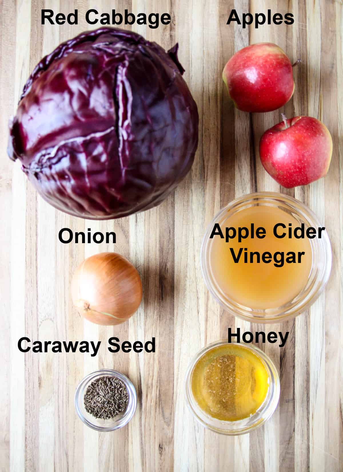 All of the ingredients for this recipe on a wooden board.