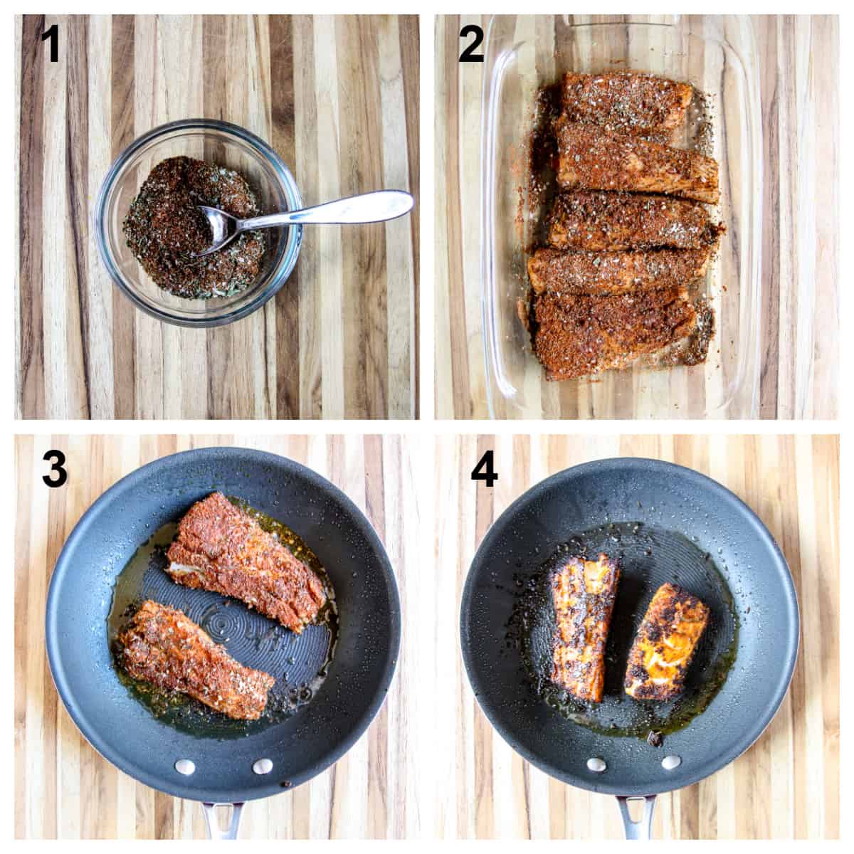 The four steps for making blackened cod.