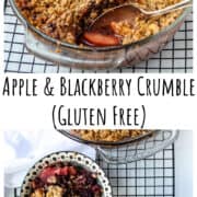 A pan of fruit crumble with a scoop removed.