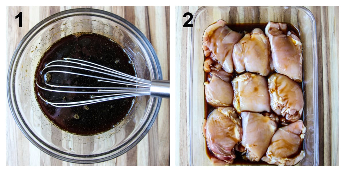 The first two steps for making the teriyaki sauce and marinating the chicken.