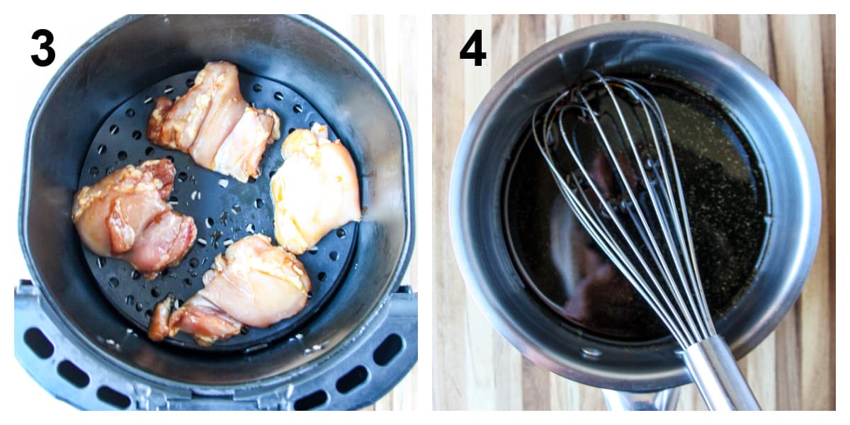The chicken pieces being placed into the air fryer basket and the sauce being simmered.