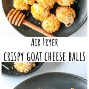 Several fried goat cheese balls on a black plate.