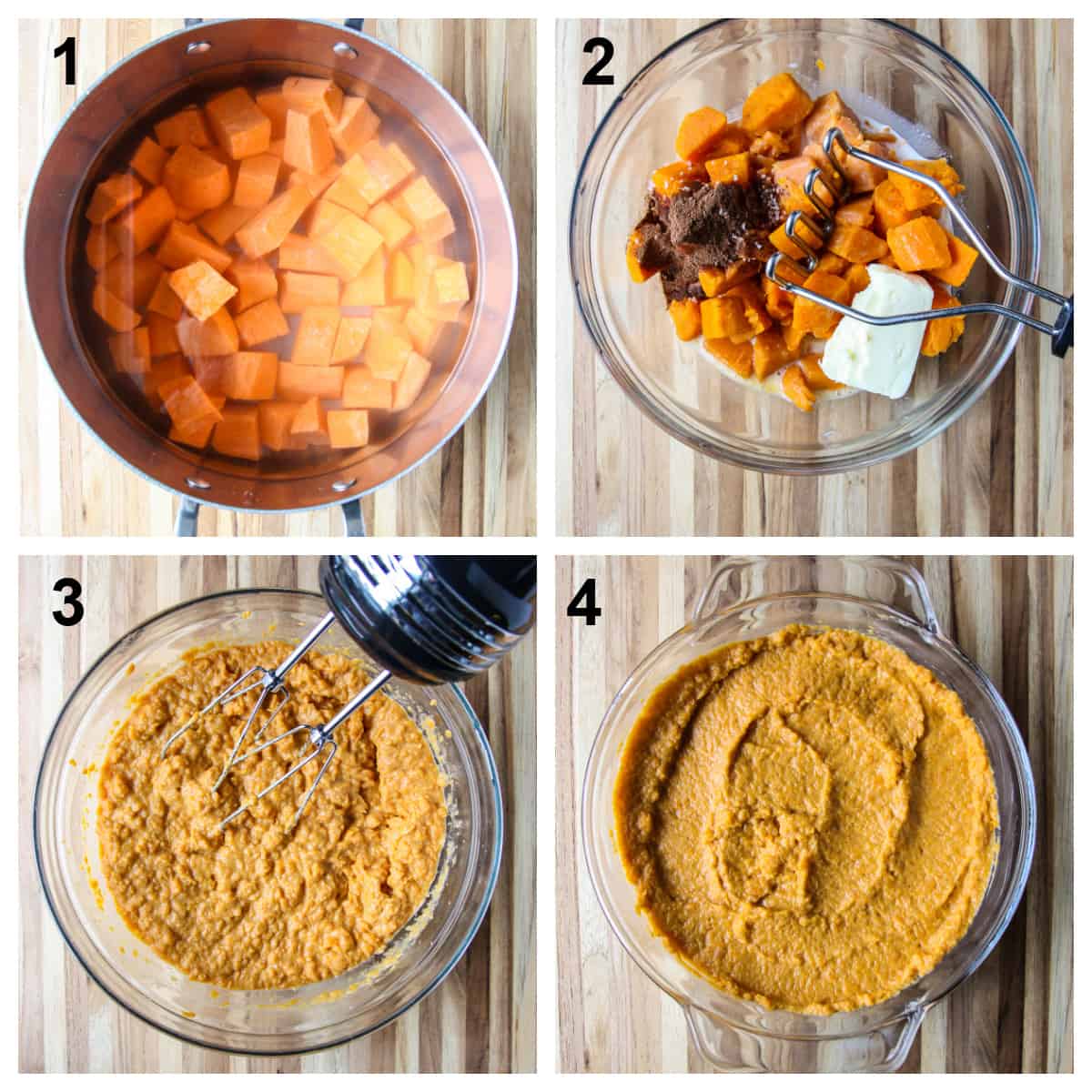 The first four steps of the casserole preparation.