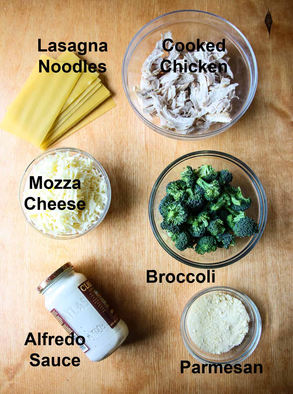 The ingredients that go into this recipe on a wooden board.