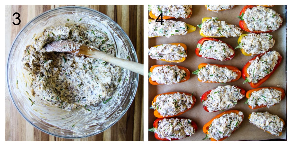 Steps 3 and 4, the sausage being combined in a bowl with cream cheese, and the pepper halves being filled.