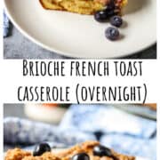 Brioche French toast casserole on a white plate.