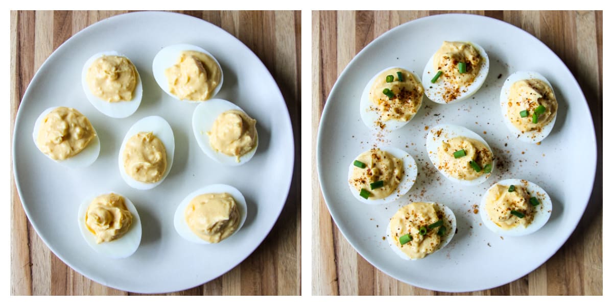 Deviled eggs assembled and garnished, on a white plate.