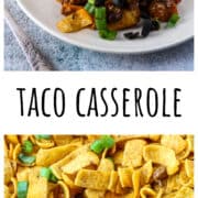 Walking taco casserole in a skillet.
