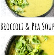 Broccoli and peas soup in a black bowl.