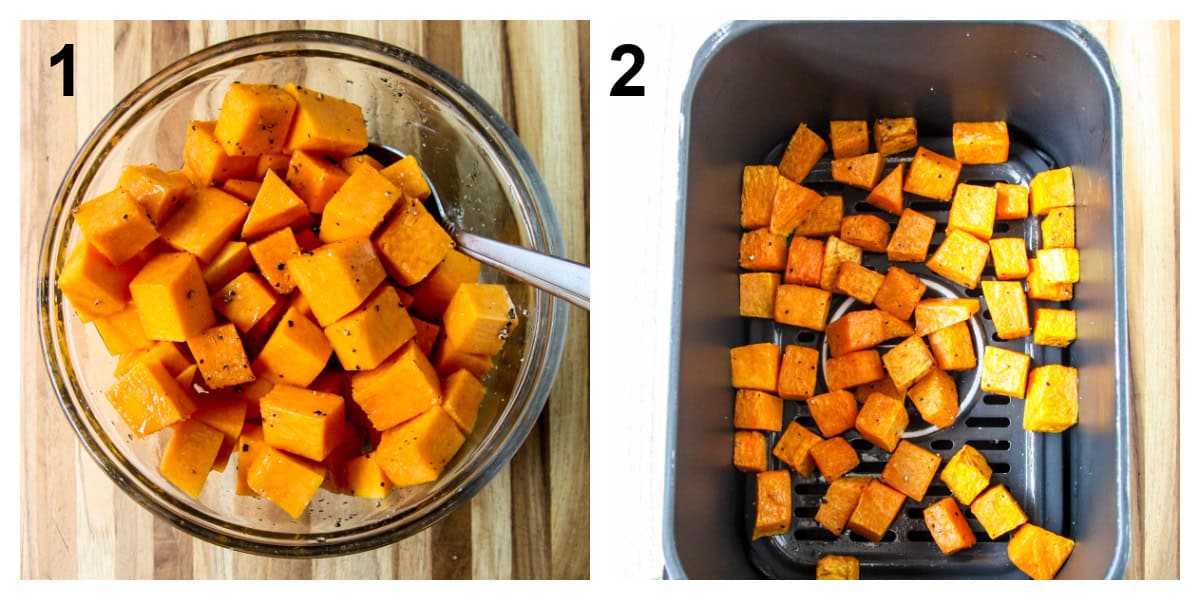 Butternut squash cubes being tossed with oil in a glass bowl, then added to an air fryer basket.