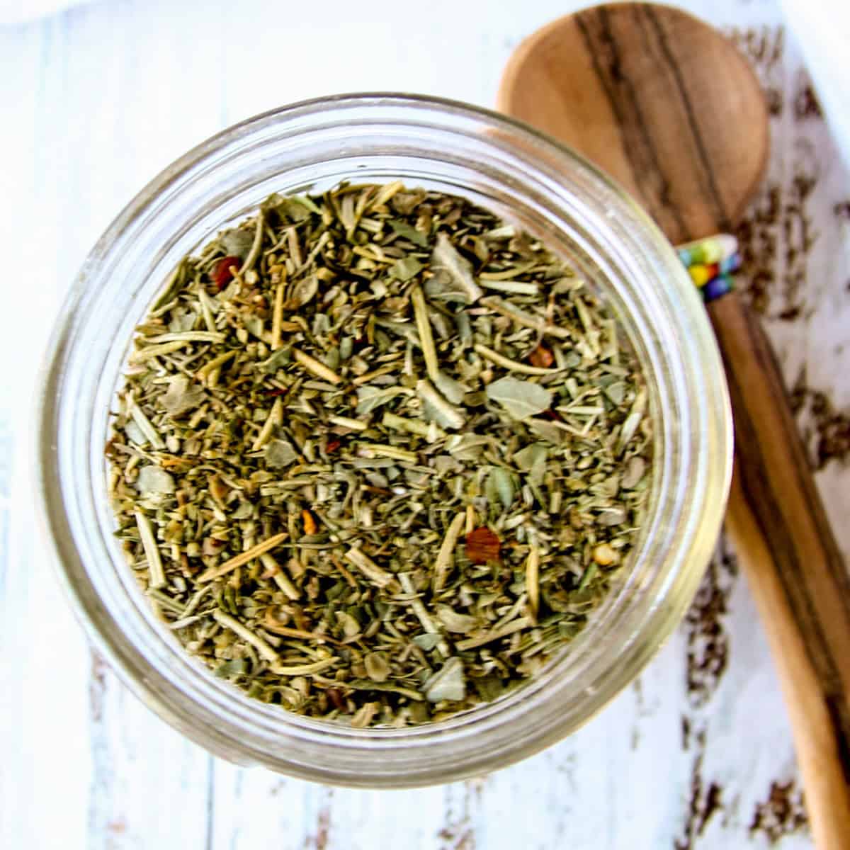 Italian seasoning in a glass jar.