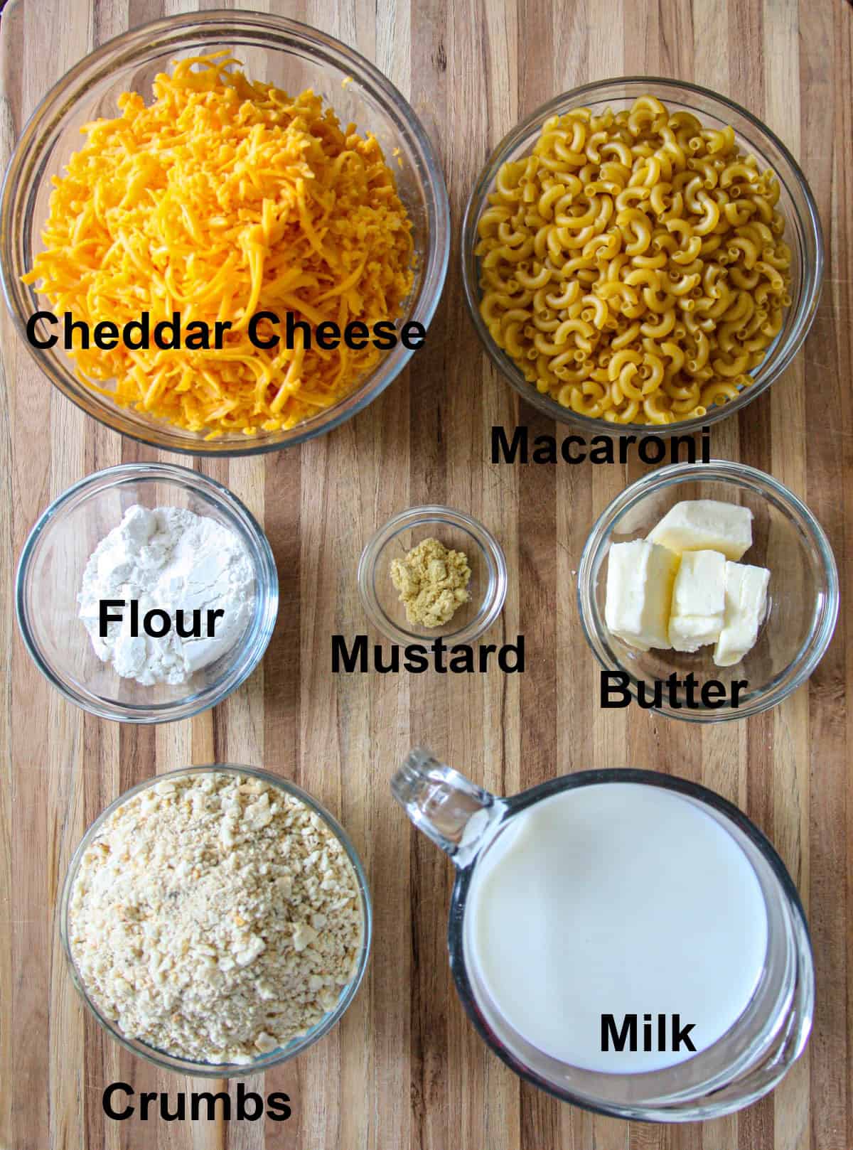 All of the ingredients that go into this recipe in glass bowls.